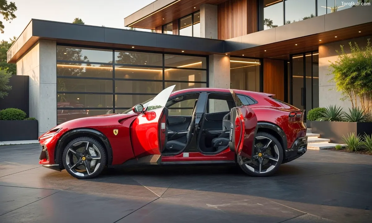 Ferrari Purosangue all doors open near garage