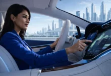 Woman interacting with futuristic car dashboard