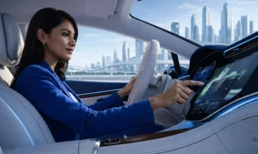 Woman interacting with futuristic car dashboard
