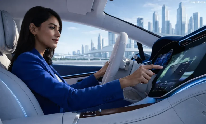 Woman interacting with futuristic car dashboard