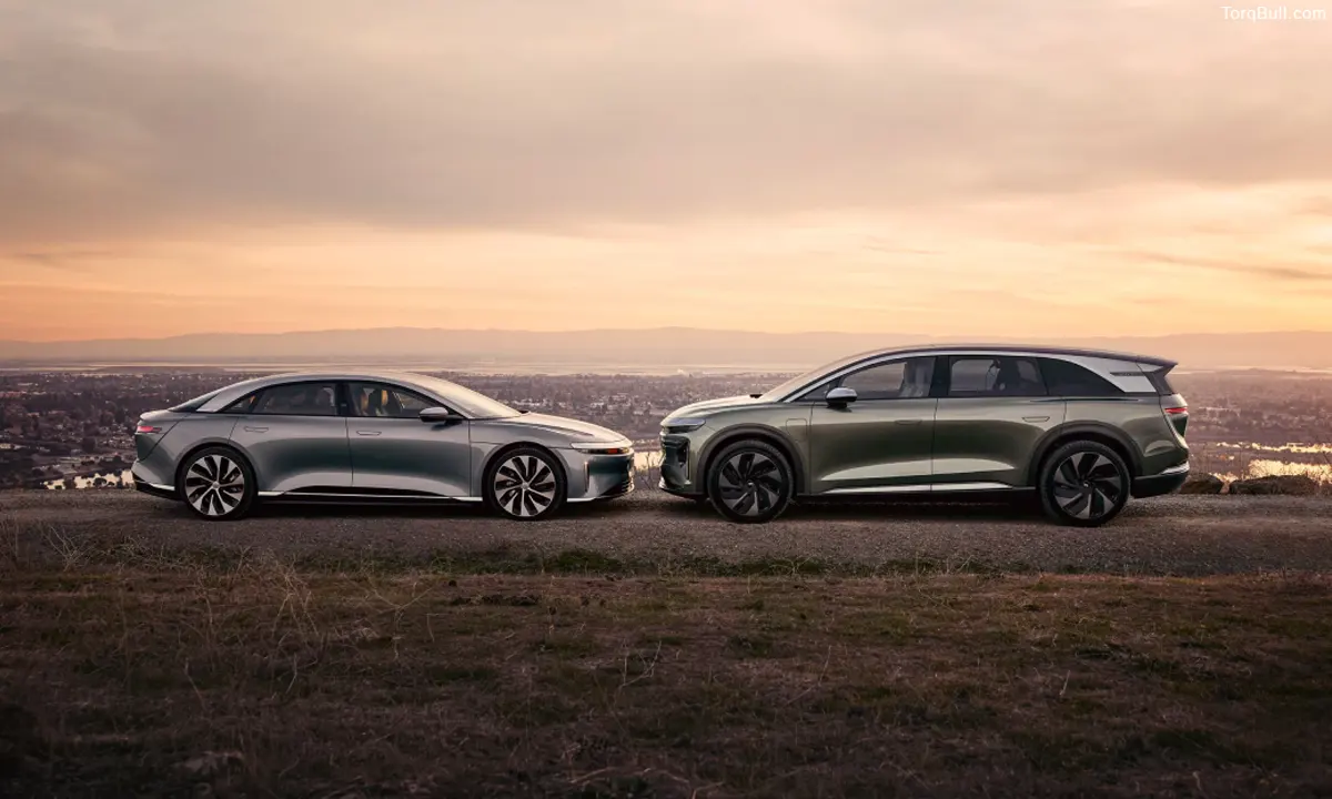Lucid Air and Gravity parking in the evening