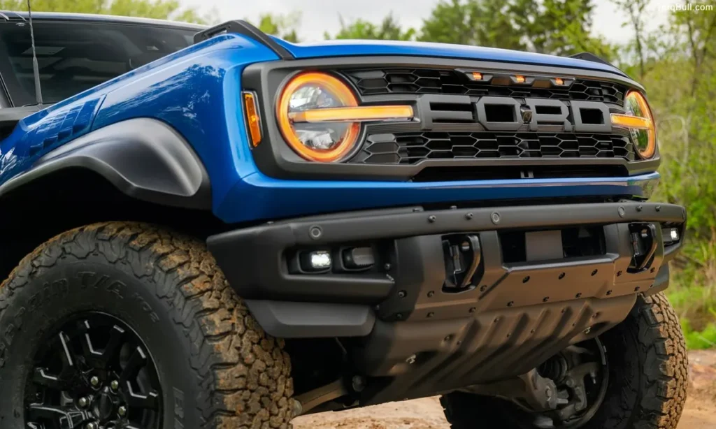 Ford Bronco Raptor off roading front grill on mountain