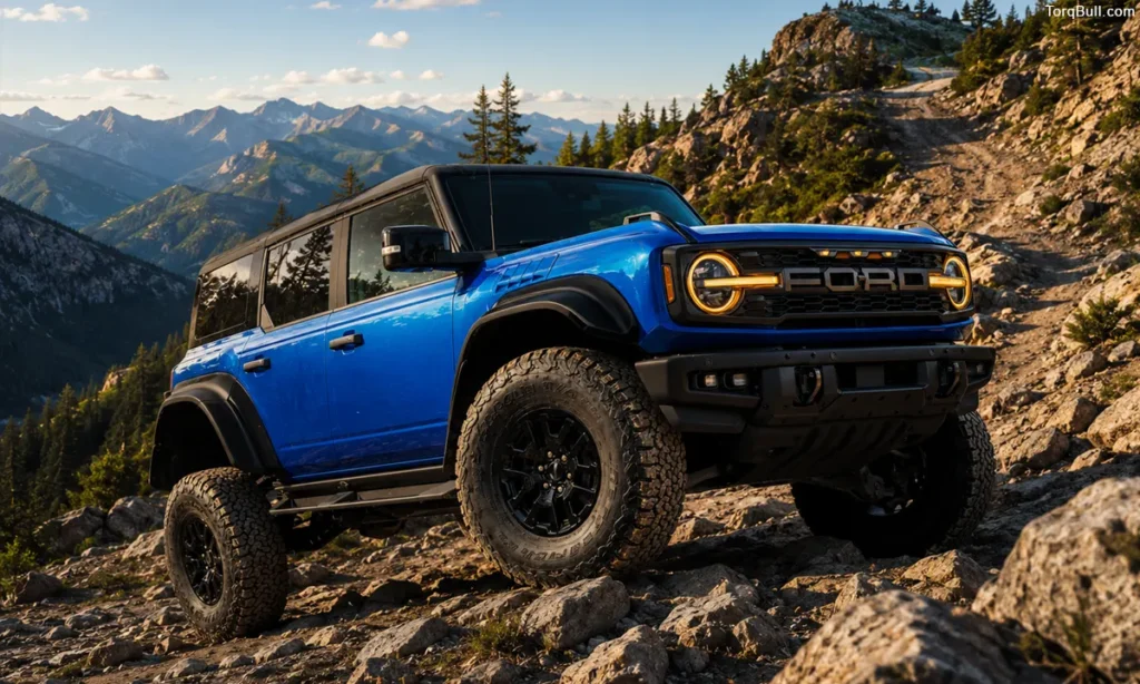 Ford Bronco Raptor off roading front view on mountain climbing