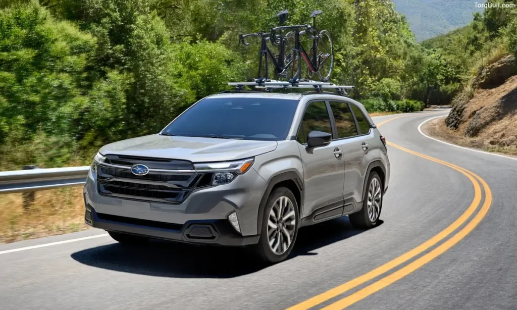 Subaru Forester front view driving on mountain