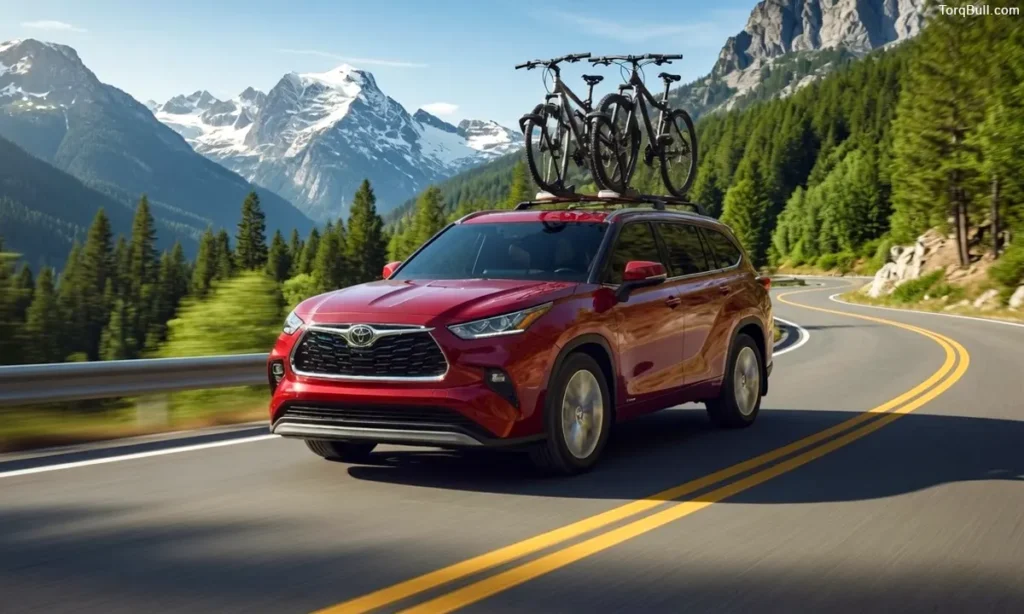 Toyota Highlander on mountain carrying a bike on roof