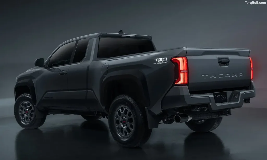 Toyota Tacoma TRD pro rear view in a dark showroom