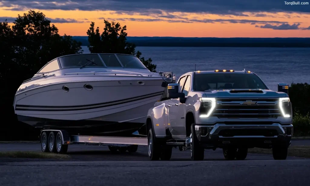 Chevrolet Silverado towing a boat in the evening