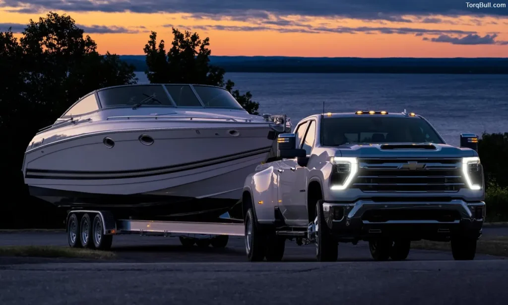 Chevrolet Silverado towing a boat in the evening 092834
