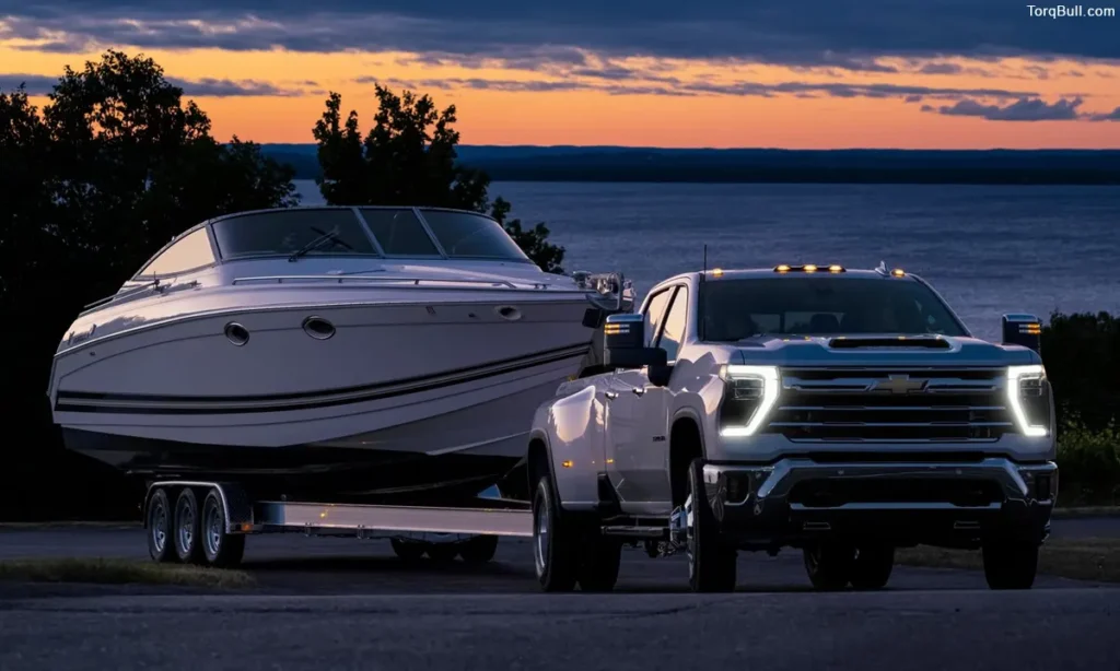 Chevrolet Silverado towing a boat in the evening 2903