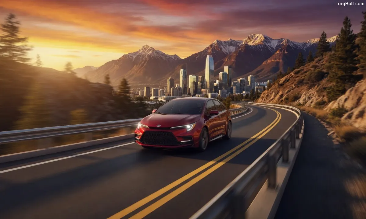 Toyota Corolla in futuristic city front view
