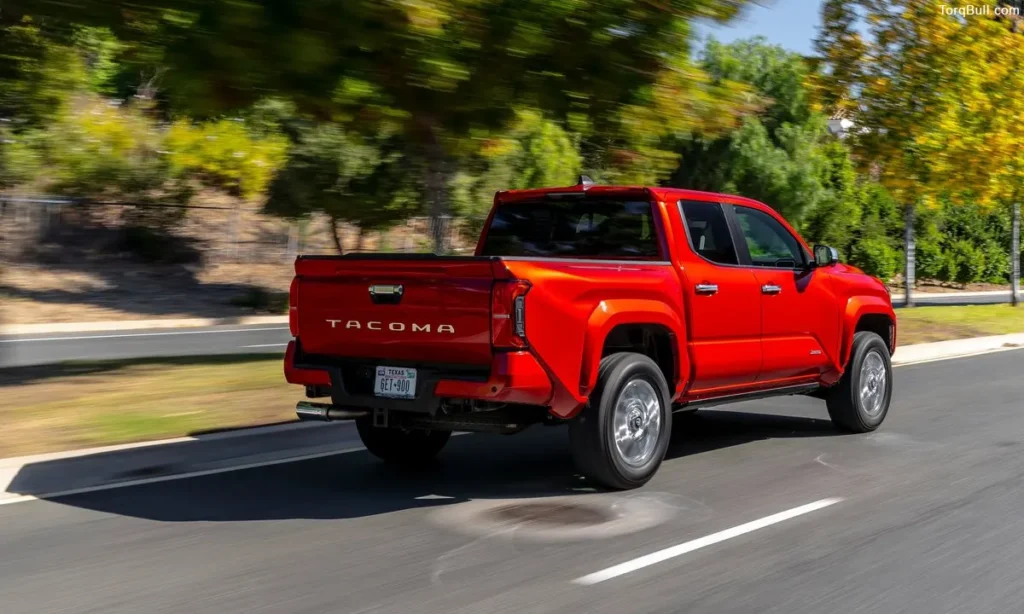 Toyota Tacoma running on road rear view