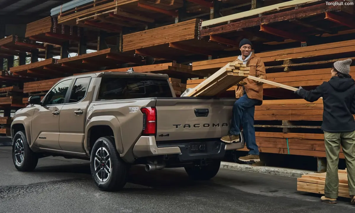 People loading wooden block on Toyota Tacoma